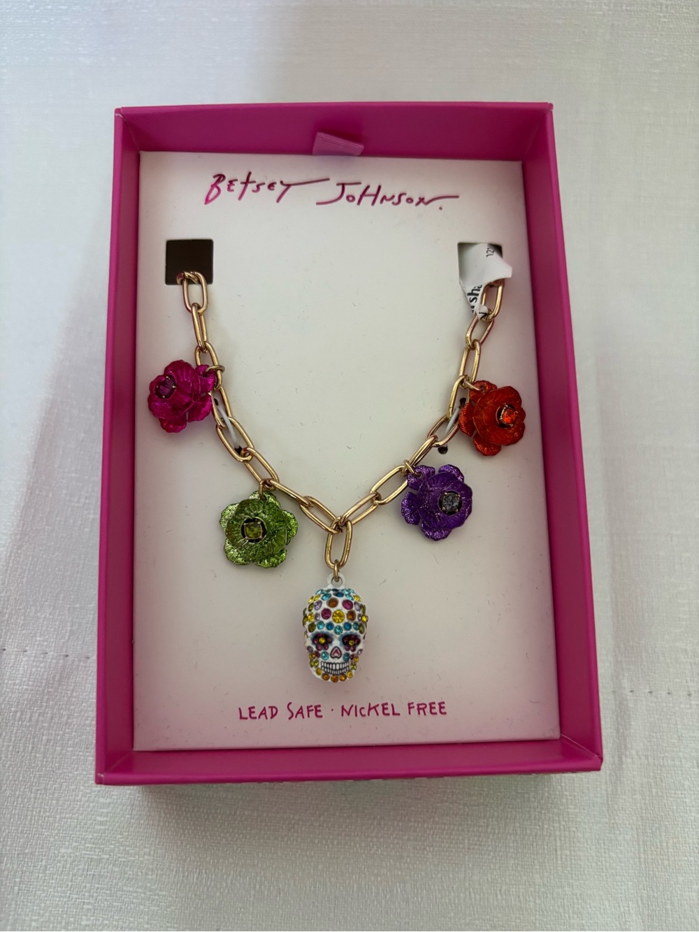 Betsey Johnson Gold Chain Necklace with Multicolor Flower Charms & Crystal Skull